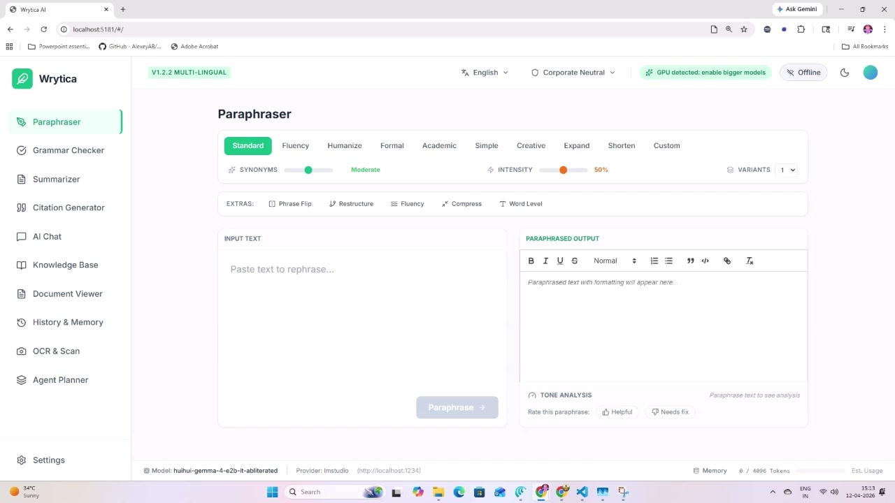 Wrytica Paraphraser — 10 writing modes