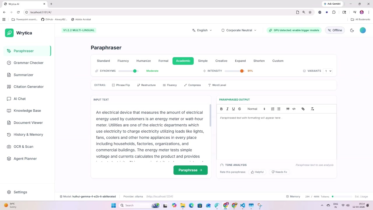 10-mode paraphraser with synonyms and intensity sliders